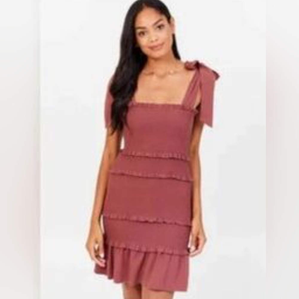 Altar'd State Smocked Bodycon Mauve Tiered Dress With Bows At Shoulders Size XS